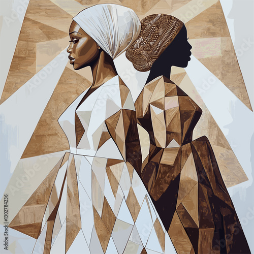 An African painting of woman in long dresses with geometric patterns. One woman has her back turned to the viewer and is wearing an elegant headscarf, wear white and brown