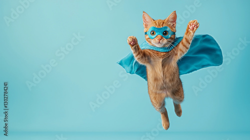 Adorable ginger kitten super hero in flight blue cape cat pet fun cute mask funny power happy image