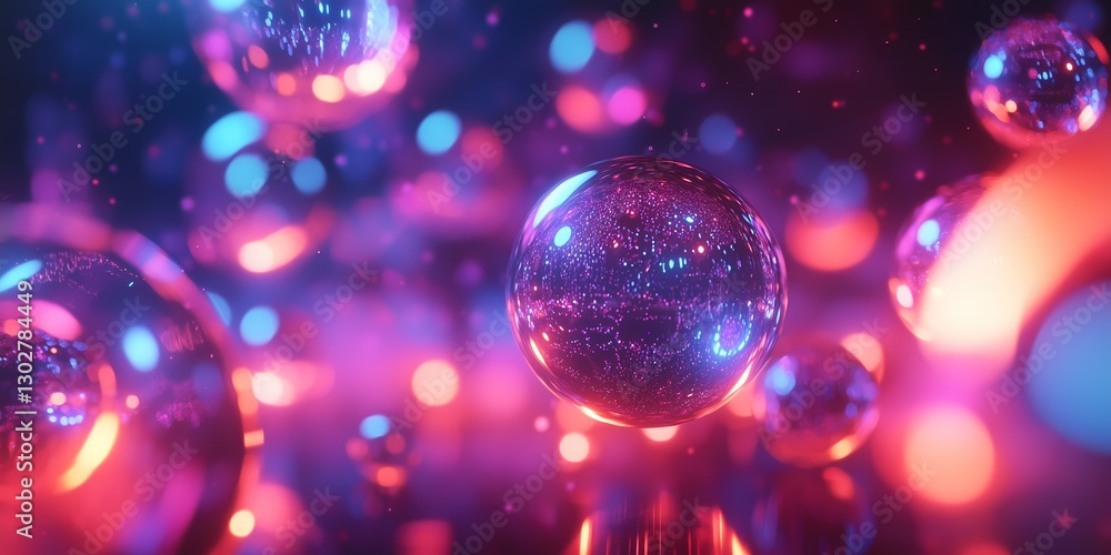 Translucent glowing spheres with neon reflections in dark space Translucent glowing spheres with neon reflections in dark space