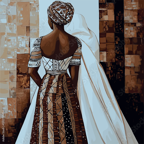 An African painting of woman in long dresses with geometric patterns. One woman has her back turned to the viewer and is wearing an elegant headscarf, wear white and brown
