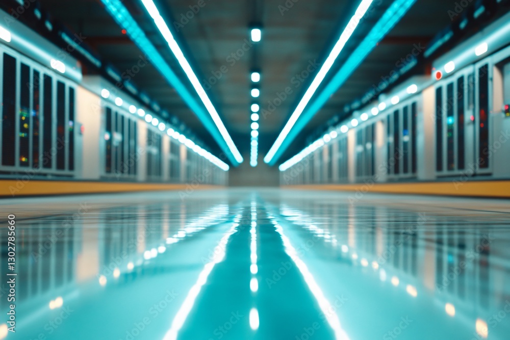 Fototapeta premium Server Room, Neon Lights, Reflective Floor