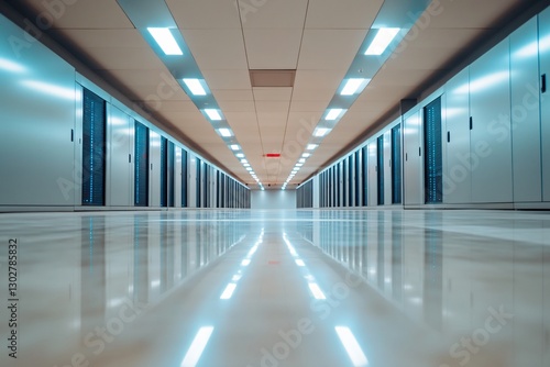 Server room hallway, tech infrastructure, clean interior, modern design, for stock use photo