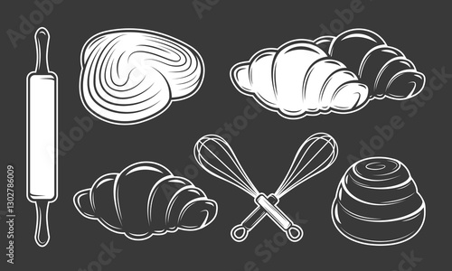 Bakery rolling pin icon isolated on black background. Vintage whisk for mixing eggs. Outline sweet buns and croissants. Hand drawn baking elements set. Vector illustration