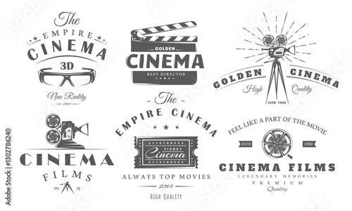 Cinema logo vintage set isolated on white background. Design element label film, camera, reel, ticket, strip, clapper board. Cinema emblem templates. Vector illustration