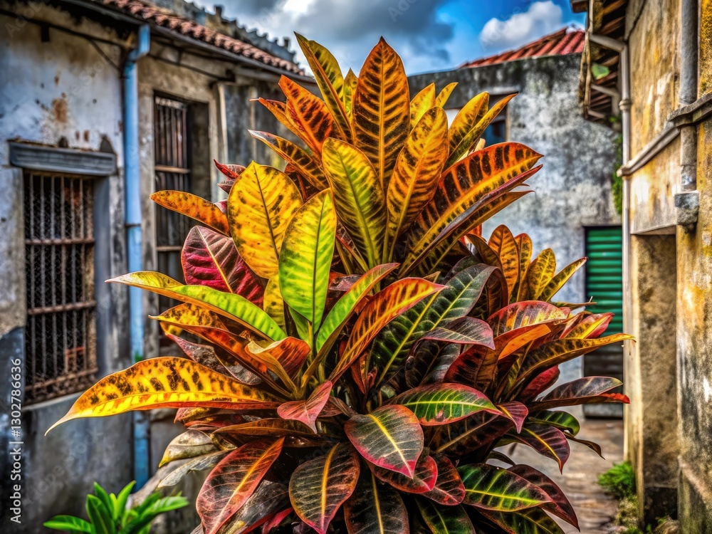 Obraz premium Urban exploration reveals a vibrant croton plant, a splash of color in Cayo Santa Maria, Cuba.