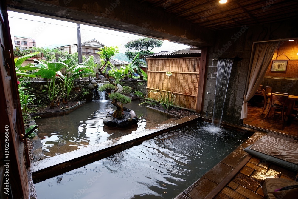 Fototapeta premium A serene indoor space featuring a tranquil water feature, surrounded by lush greenery and natural materials.
