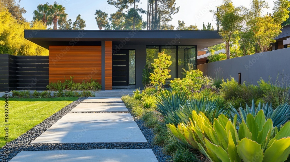 Obraz premium Modern residential architecture showcases sleek design and lush landscaping in a sunny suburban neighborhood