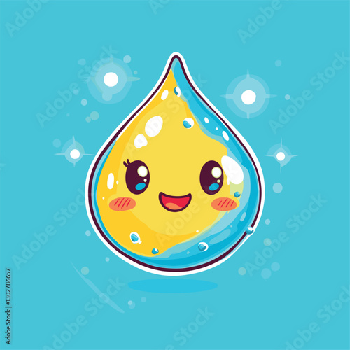 Cartoon little water drop cute expression, flat composition, bright lighting, detailed depiction, vivid expression, creative design, cartoon style, bright colors, flat design