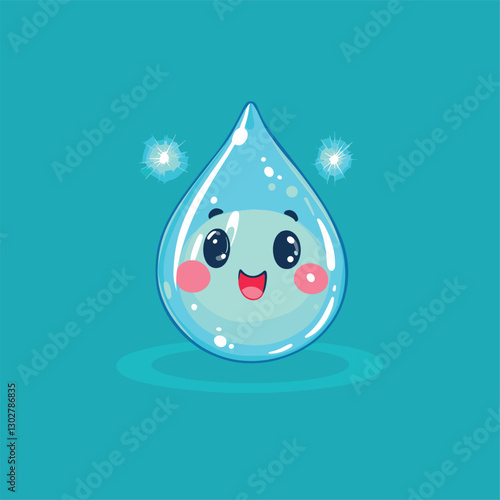 Cartoon little water drop cute expression, flat composition, bright lighting, detailed depiction, vivid expression, creative design, cartoon style, bright colors, flat design