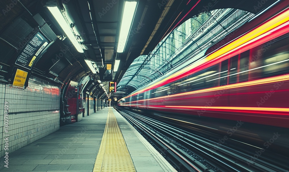 Obraz premium Red train speeding through underground station platform