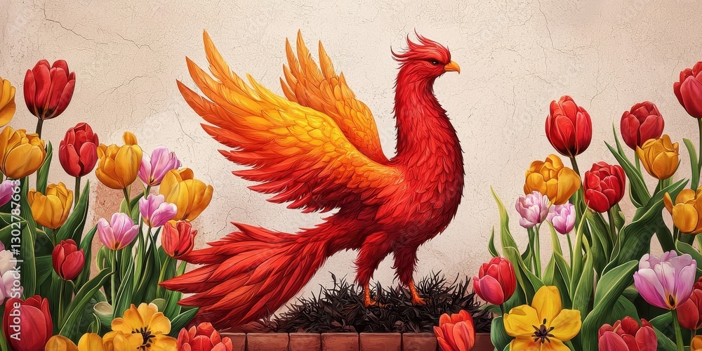 A vibrant phoenix rises amidst colorful tulips, symbolizing rebirth and beauty in this stunning floral artwork. A vibrant phoenix rises amidst colorful tulips, symbolizing rebirth and beauty in this stunning floral artwork.