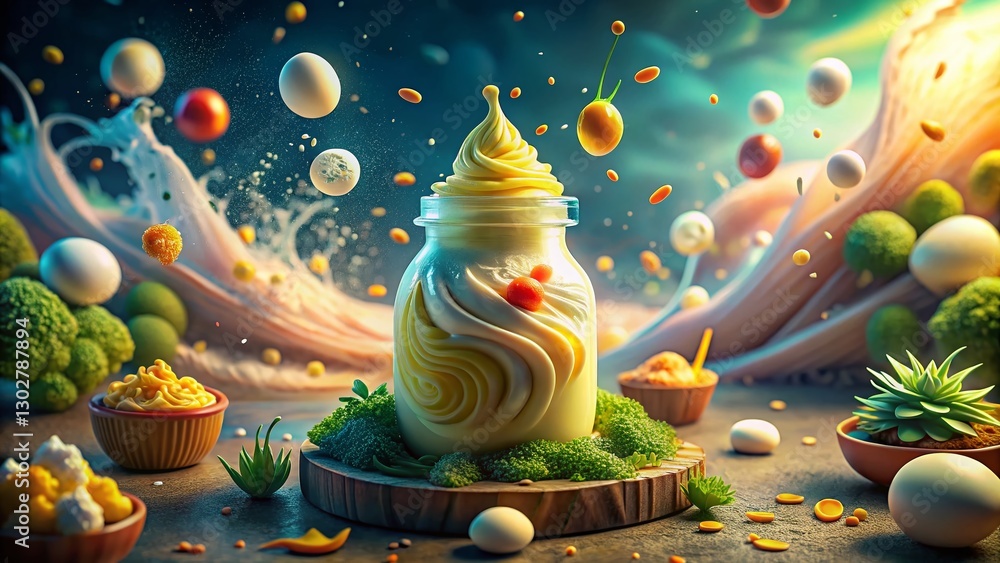 Surreal Whimsical Hand-Drawn Japanese Mayonnaise Dressing Bottle, Floating Ingredients, Dreamlike Food Photography Surreal Whimsical Hand-Drawn Japanese Mayonnaise Dressing Bottle, Floating Ingredients, Dreamlike Food Photography