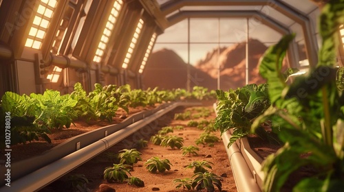 A high-tech greenhouse dome on Mars, filled with rows of lush green plants, illuminated by artificial sunlight