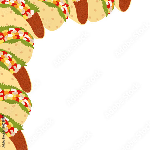 Mexican food Tacos meat and vegetables stuffed Left hand Corner Frame border Copyspace Template idea