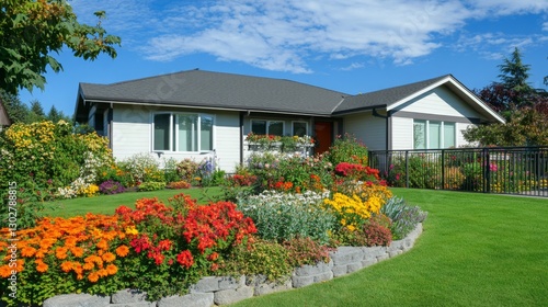 Fototapeta Naklejka Na Ścianę i Meble -  Colorful flowers bloom in a vibrant garden near a charming house on a sunny day