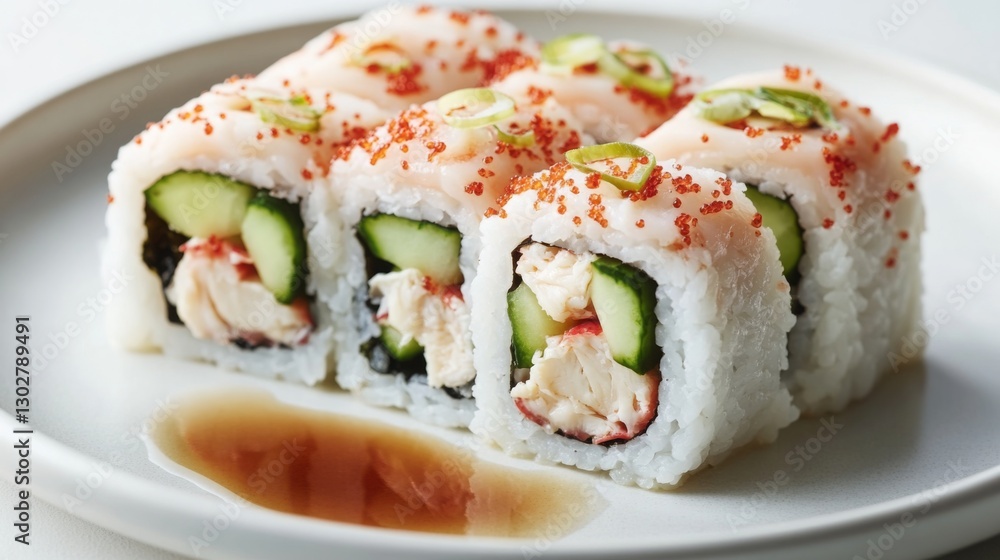 Enjoy fresh sushi rolls with crab, cucumber, and fish roe served on a white plate with dipping sauce Enjoy fresh sushi rolls with crab, cucumber, and fish roe served on a white plate with dipping sauce