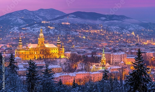 Snowy Bratislava castle and cityscape at dusk, winter travel destination