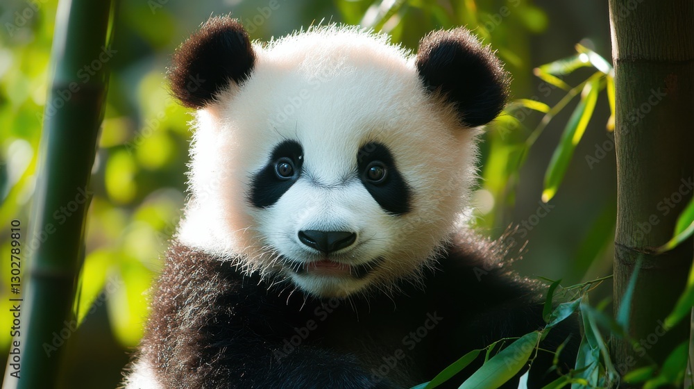 Obraz premium Adorable Baby Panda Surrounded by Lush Green Bamboo Plants