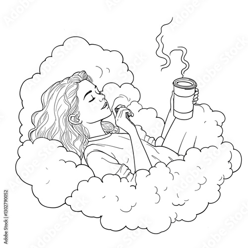 Illustration of a girl drinking coffee while lying down deeply in a cloud, the human figure is not clearly visible, and a coffee is held in her hand hanging outward.simple, one line drawing

