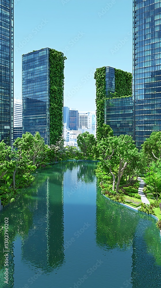 Obraz premium Vision of green future, Skyscrapers covered in vegetation with a river in the center of the city
