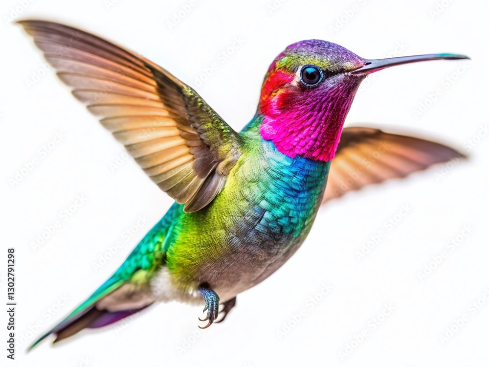 Obraz premium Tiny Hummingbird in Flight, Isolated on White, Tilt-Shift Miniature Effect