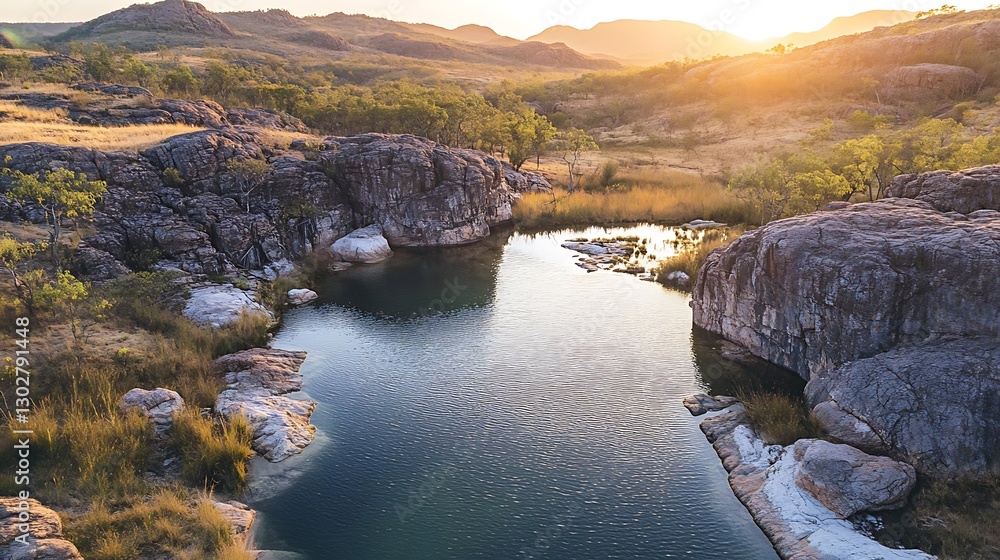 Sunset over a tranquil rock pool nestled in a rugged landscape Sunset over a tranquil rock pool nestled in a rugged landscape