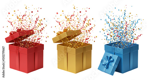 Three Open Gift Boxes Colorful Confetti Surprise Celebration Festive Holiday Presents 3D Red Joy Bow