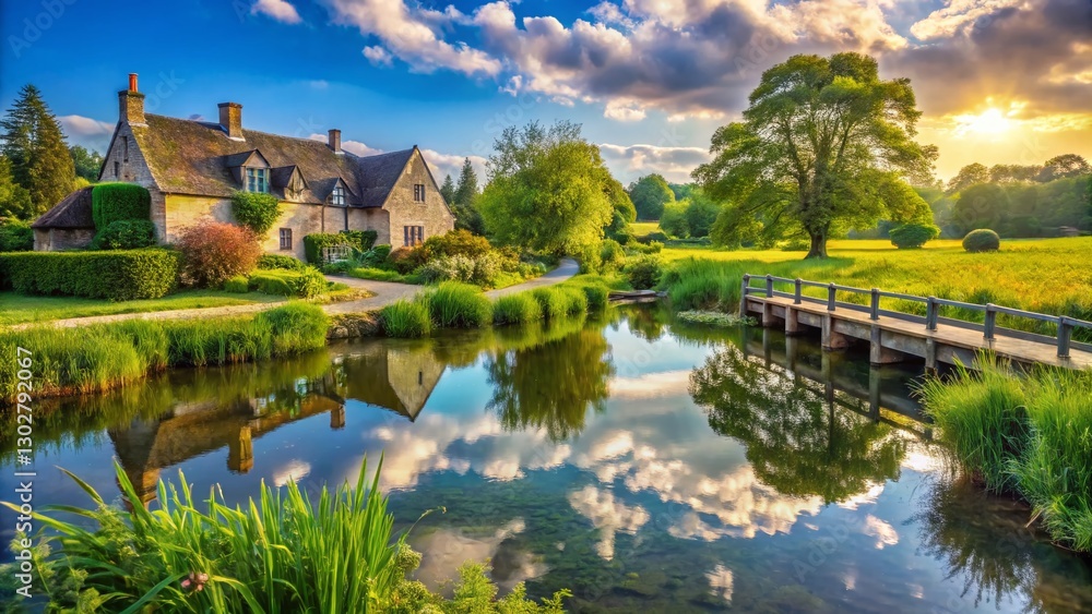 Obraz premium Tranquil Cotswold Village Pond: Summer Landscape Reflection Photography