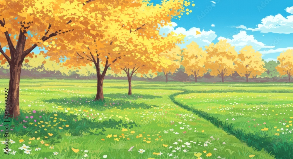 Field with a path in the middle and trees on the sides. The trees are yellow and the grass is green. For background, poster, banner. Field with a path in the middle and trees on the sides. The trees are yellow and the grass is green. For background, poster, banner.
