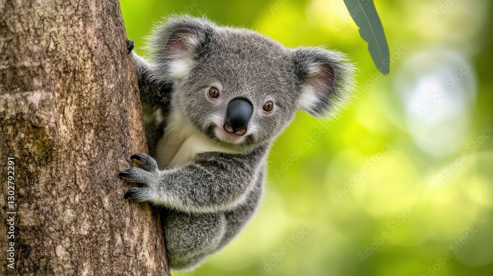 Naklejka premium Adorable Koala Climbing Eucalyptus Tree in Lush Green Environment