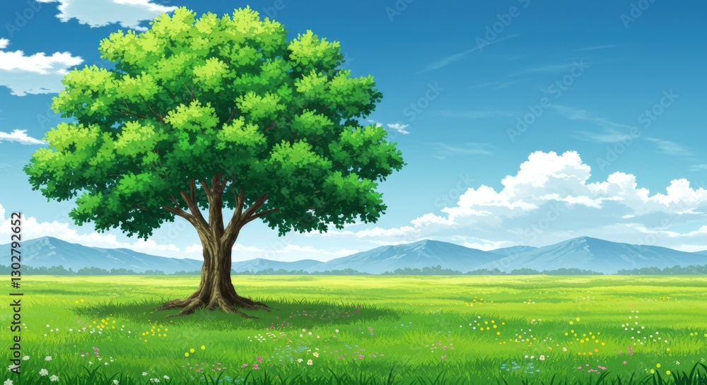 Obraz premium Large tree is in the middle of a field. The sky is blue and there are some clouds. For background, poster, banner.