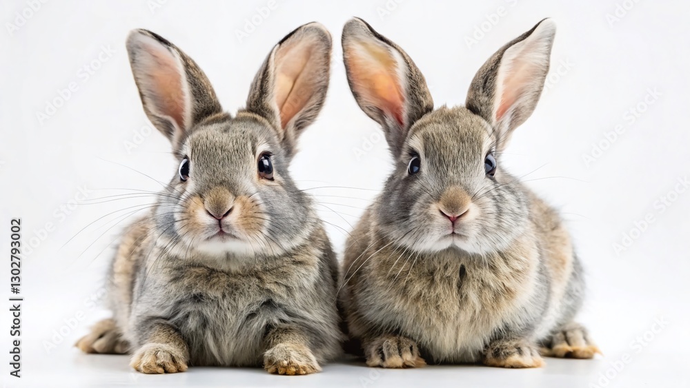 Fototapeta premium Two Gray Rabbits Isolated on White Background - Studio Shot
