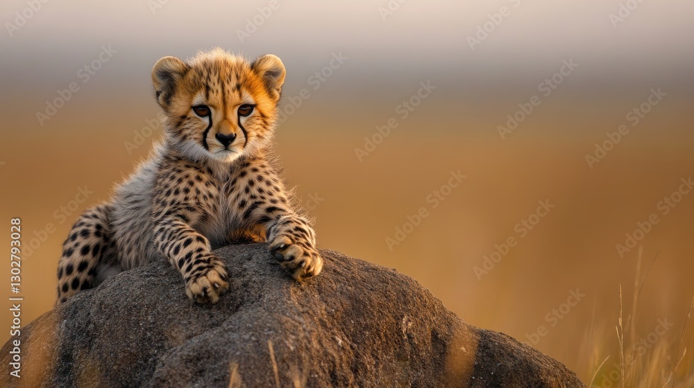 Obraz premium Cheetah Cub Resting on Rock in Golden Grasslands at Sunset