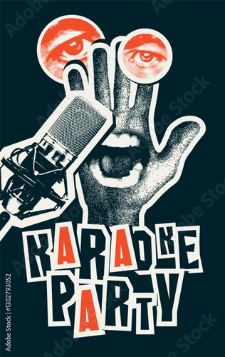 Vector A4 poster for karaoke party in retro style with singing mouth, hand, studio microphone and calligraphy lettering. Suitable for advertising poster, music banner, flyer, invitation, ticket