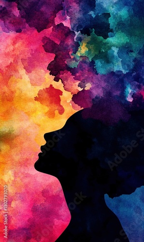 Woman silhouette with colorful abstract hair, representing imagination and creativity