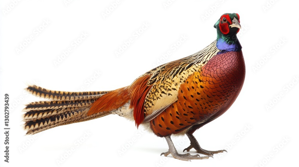 Fototapeta premium Handsome Male Pheasant: A Stunning Young Bird in Autumn Colors, Posed Gracefully Against a White Studio Background