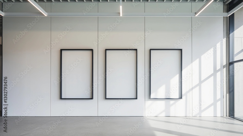 Gallery with three blank frames hanging on a wall with light coming through Gallery with three blank frames hanging on a wall with light coming through