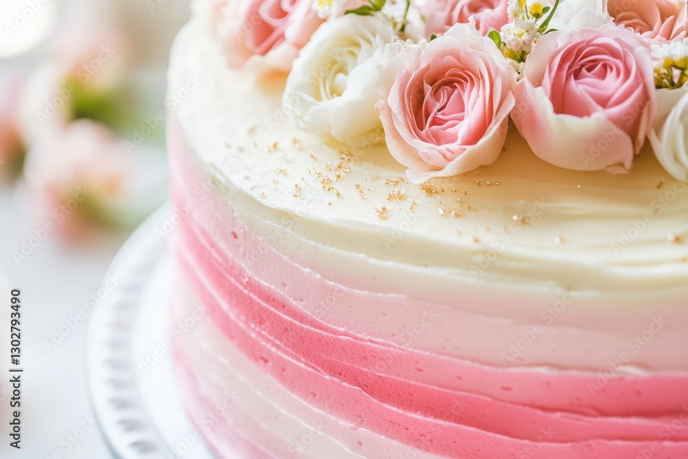 A detailed close-up of a pink ombre cake decorated with fresh roses and golden sprinkles, perfect for weddings, birthdays, and celebrations. A detailed close-up of a pink ombre cake decorated with fresh roses and golden sprinkles, perfect for weddings, birthdays, and celebrations.