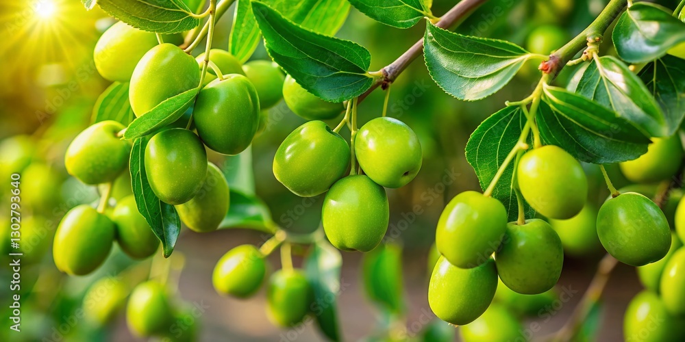 Unripe Green Jujube Fruits Hanging on a Tree Branch - Candid Stock Photo Unripe Green Jujube Fruits Hanging on a Tree Branch - Candid Stock Photo