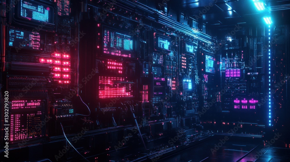 Futuristic digital data center with vibrant neon lights illuminating high-tech equipment Futuristic digital data center with vibrant neon lights illuminating high-tech equipment