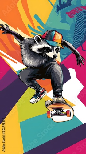 Stylized raccoon skateboarder performing an epic trick on a vibrant urban street background, blending extreme sports, street art, and a rebellious spirit in a dynamic pop-art style.  
 photo