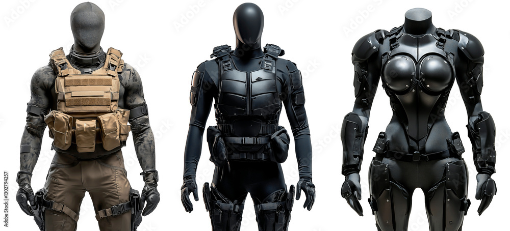 Set of three futuristic tactical combat suits, including military-style armor, stealth black gear, and advanced exoskeleton armor, isolated on a transparent background. Set of three futuristic tactical combat suits, including military-style armor, stealth black gear, and advanced exoskeleton armor, isolated on a transparent background.