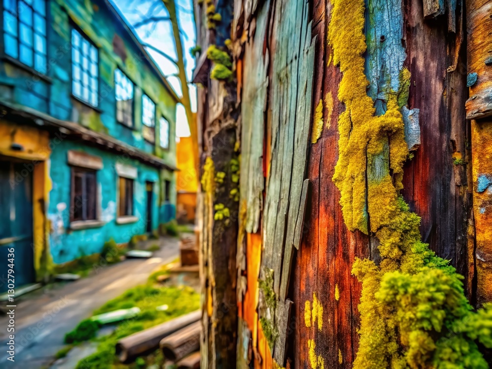 Naklejka premium Urban Decay: Weathered Wooden Texture Background, Tree Bark, Grunge Cityscape