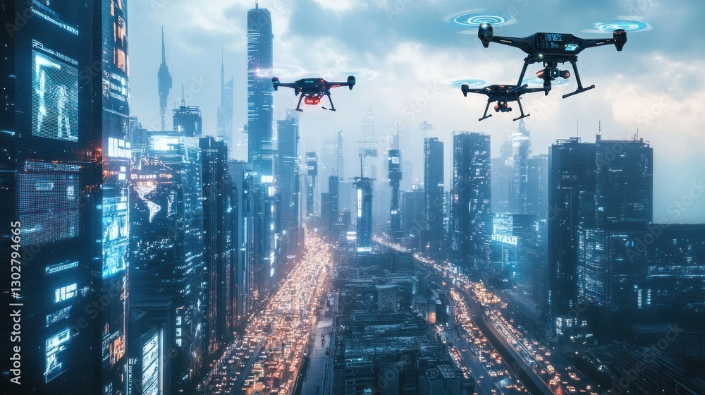 Futuristic city skyline with drones flying over illuminated streets during twilight Futuristic city skyline with drones flying over illuminated streets during twilight