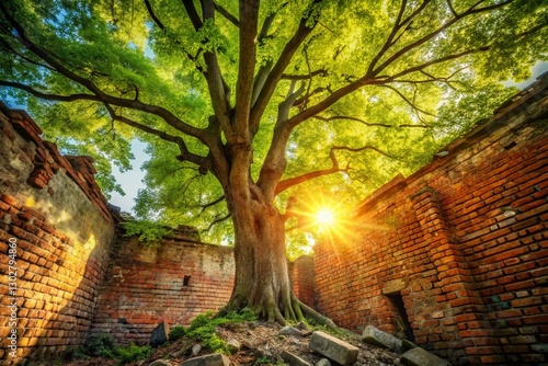 Urban Exploration: Leafy Elm Tree in Decaying Brick Building