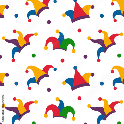 Seamless pattern with colorful jester hats and decorative dots on a white background. Perfect for carnival, festive design, wrapping paper, textiles, and digital projects.