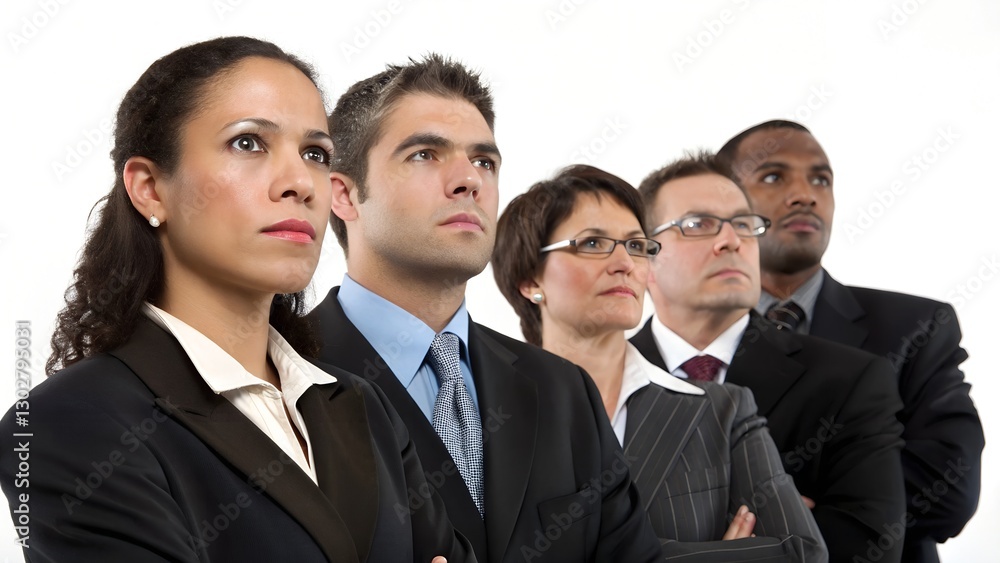 Focused Vision: A line of determined business professionals, unified in purpose, gaze confidently towards the future, dressed in sharp business attire. Focused Vision: A line of determined business professionals, unified in purpose, gaze confidently towards the future, dressed in sharp business attire.