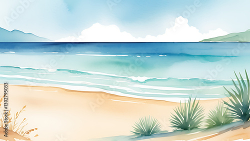Wallpaper Mural Watercolor Beach Scene with Waves, Sky, and Distant Hills Artwork Torontodigital.ca