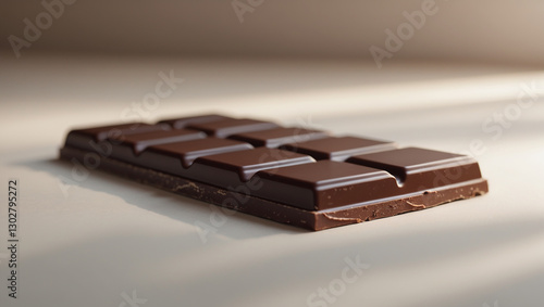 Dark chocolate bar placed on a neutral surface, capturing its rich texture and smooth finish. A perfect shot for gourmet branding and chocolate lovers