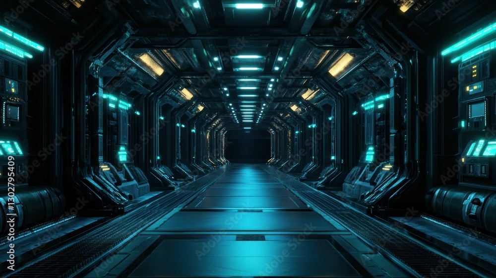 Futuristic corridor with illuminated panels and machinery, creating a sci-fi ambiance in a dark setting Futuristic corridor with illuminated panels and machinery, creating a sci-fi ambiance in a dark setting